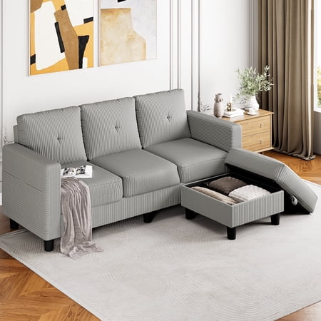 Walusnnu L-Shaped Sectional Sofa Couch, 3-Seat Convertible Sofa with Reversible Chaise, Modern Linen Fabric Couches for Living Room, Apartment and Small Space, Light Gray