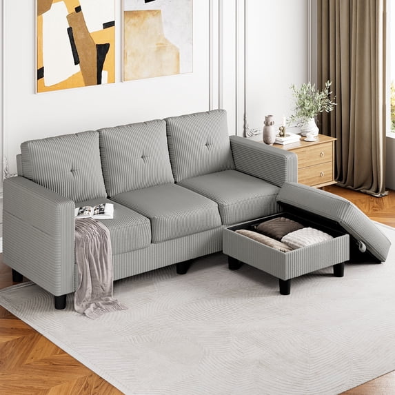 Walusnnu L-Shaped Sectional Sofa Couch, 3-Seat Convertible Sofa with Reversible Chaise, Modern Linen Fabric Couches for Living Room, Apartment and Small Space, Light Gray