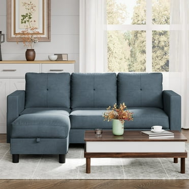 Walsunny Convertible Sectional Sofa Couch, Modern Linen Fabric L-Shaped Couch 3-Seat Sofa Sectional with Reversible Chaise for Small Living Room, Apartment and Small Space, Dark Gray