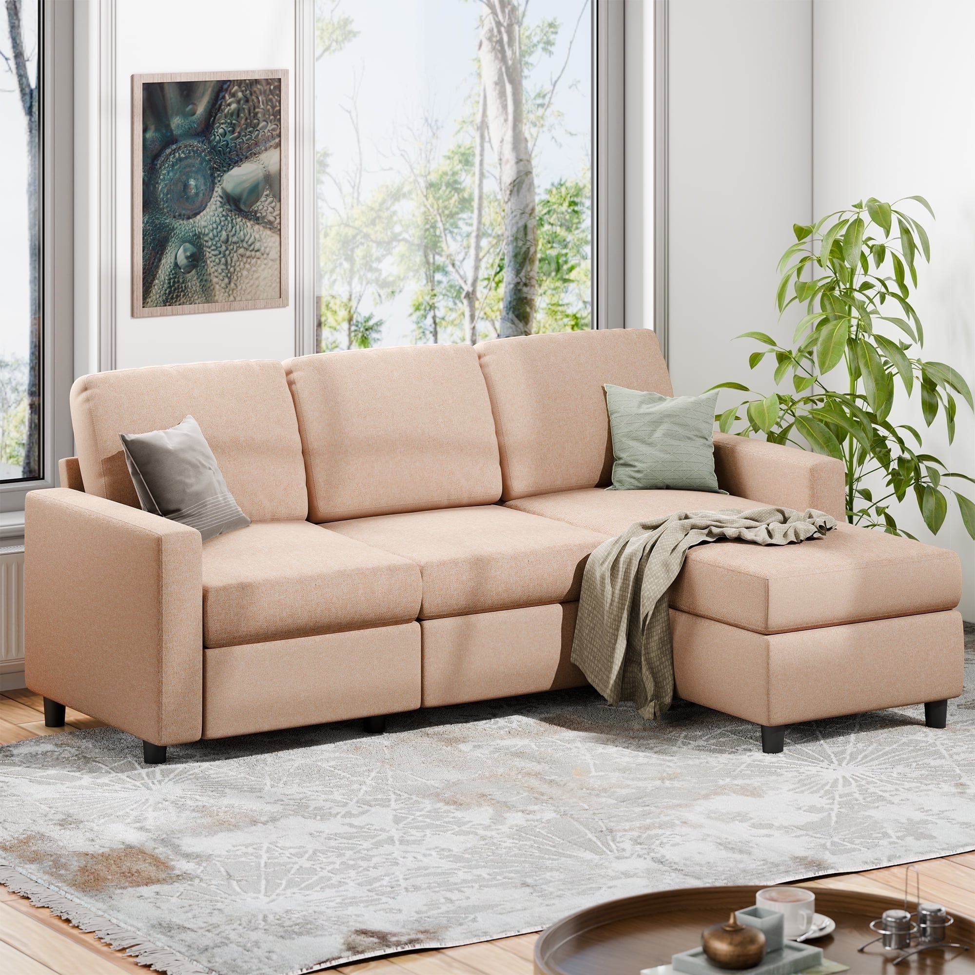 Walsunny Convertible Sectional Sofa Couch Modern Linen Fabric L Shaped Couch 3 Seat Sofa with Reversible Chaise for Small Space Dark Beige