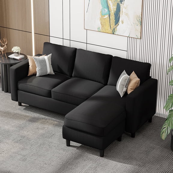 Walsunny 73.6" Convertible Sectional Reversible Sofa Couch, Sleeper Sectional L-Shaped Couch 3-Seat Sofa with Reversible Chaise for Small Space,Black