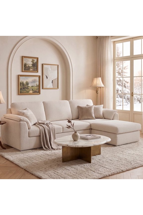 Sectional Sofa with Storage Chaise and Ottoman, 3 Seat L-shaped Sofa Couch, Modern Soft Fabric Modular Sofa for Living Room, Beige