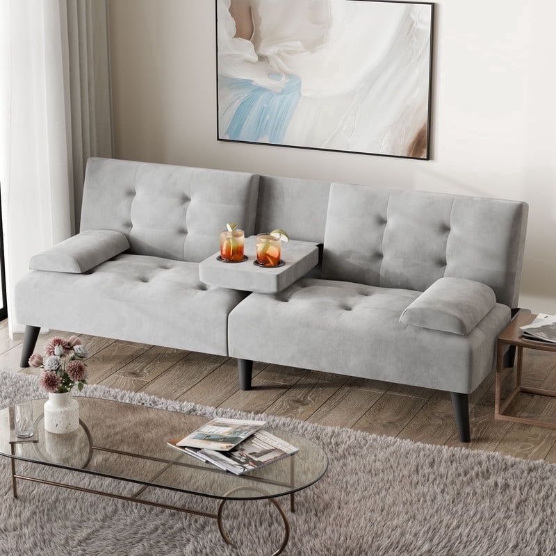 Walsunny Convertible Futon Sofa Bed, Foldable Futon Sleeper Sofa Bed with 2 Cup Holders, Folding Loveseat Recliner with 3-Angle Adjustment Modern Couch for Living Room, Small Space, Light Gray
