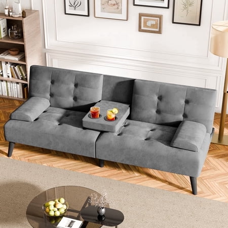 Walsunny Convertible Futon Sofa Bed, Foldable Futon Sleeper Sofa Bed with 2 Cup Holders, Folding Loveseat Recliner with 3-Angle Adjustment Modern Couch for Living Room, Small Space, Dark Gray