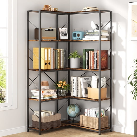 Walsunny Corner Bookshelves Bookcases 71" 5 Tier L Shaped Wood Bookshelf with Metal Frame Display Rack Rustic Brown