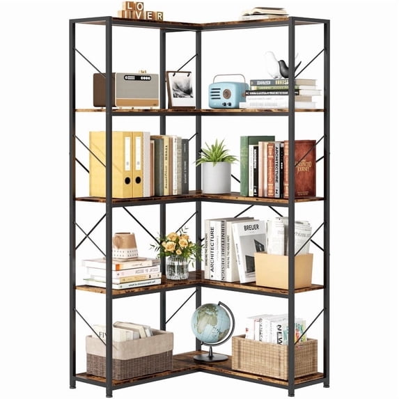 Walsunny Corner Bookshelves Bookcases 71" 5 Tier L Shaped Wood Bookshelf with Metal Frame Display Rack Rustic Brown