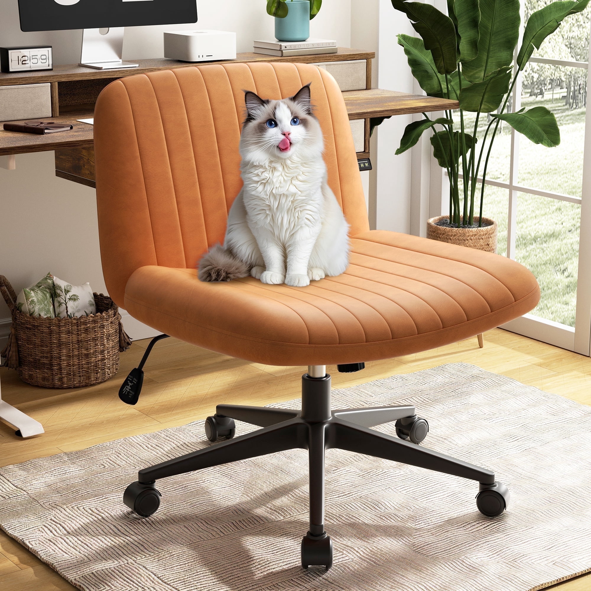 Walsunny Armless Criss Cross Home Office Chair, Fabric Vanity Desk Chair with Wheels, Wide Seat Swivel Task Computer Chair, Orange