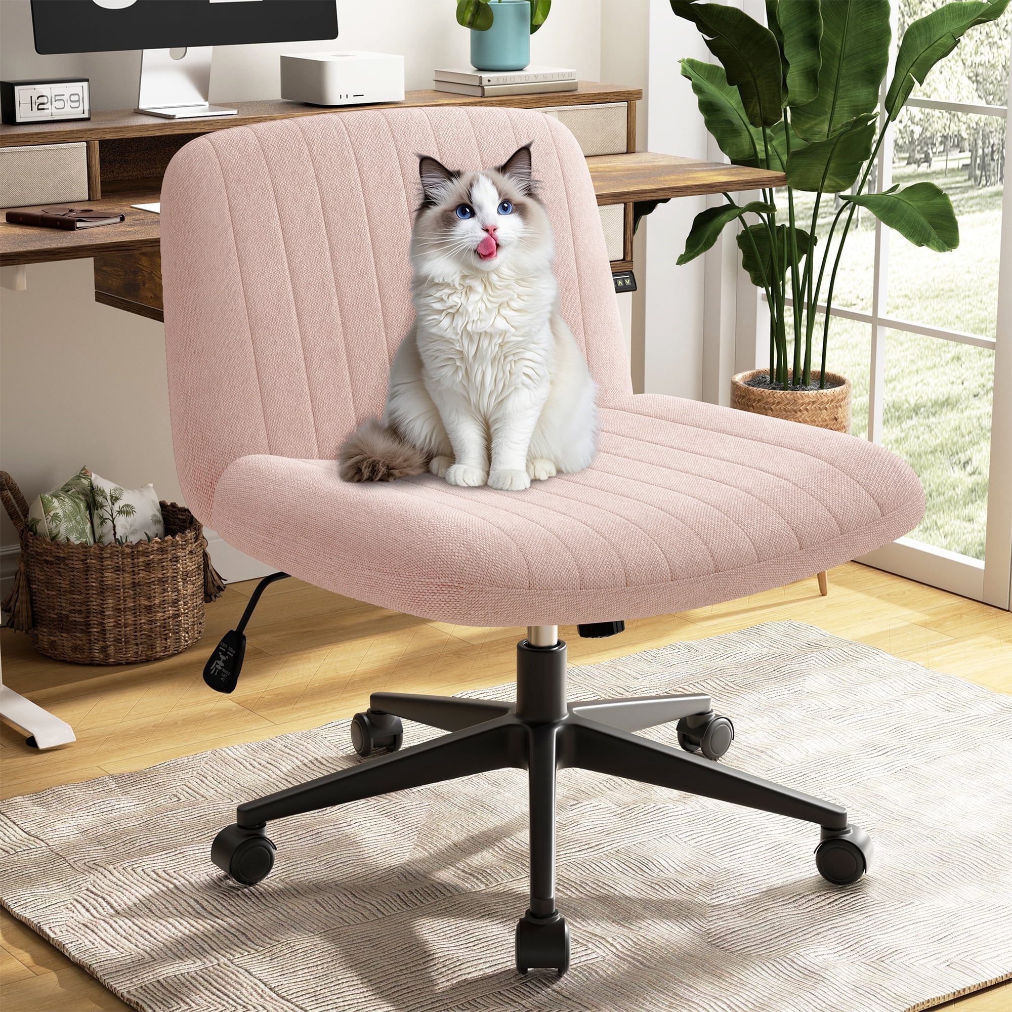 Walsunny Armless Criss Cross Home Office Chair, Fabric Vanity Desk Chair with Wheels, Wide Seat Swivel Task Computer Chair, Pink