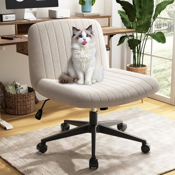 Walsunny Armless Criss Cross Home Office Chair, Fabric Vanity Desk Chair with Wheels, Wide Seat Swivel Task Computer Chair, White