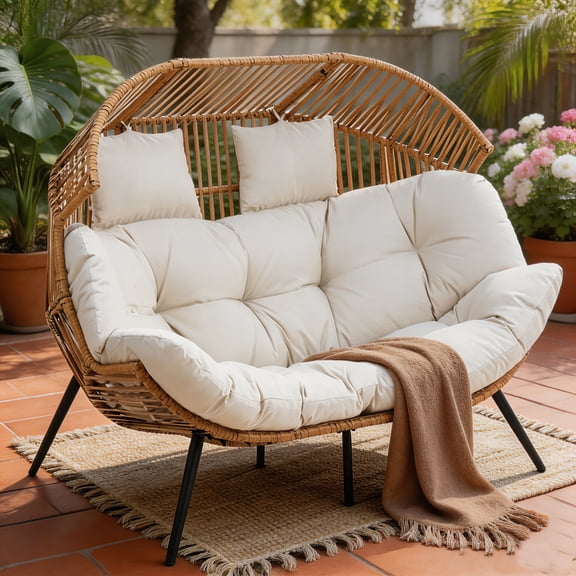 Walsunny Double Egg Chairs Outdoor Patio Wicker Oversized Egg Shell Lounger Lawn Chair with Cushion for Indoor Outside Porch Balcony Backyard, Original Wood Color Rattan Beige Cushion