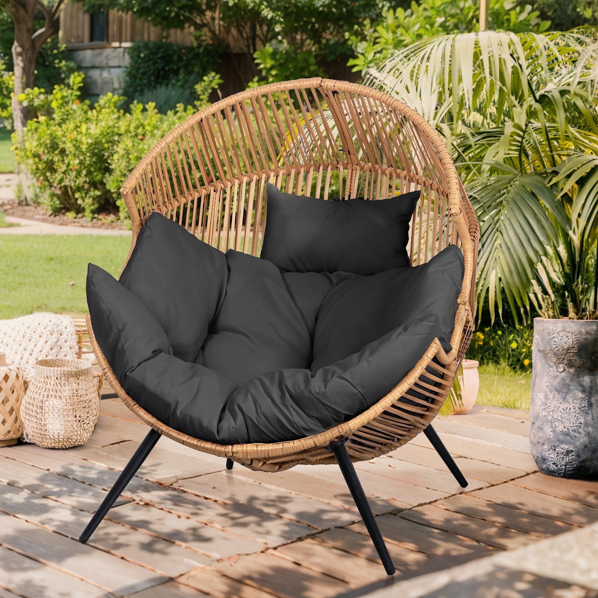 Walsunny Egg Chairs Outdoor Patio Wicker Oversized Egg Shell Lounger Lawn Chair with Cushion for Indoor Outside Porch Balcony Backyard, Original Wood Color Rattan Gray Cushion