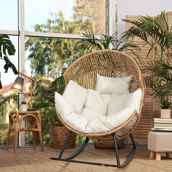 Walsunny Rocking Egg Chairs Outdoor Patio Wicker Oversized Egg Shell Lounger Lawn Chair with Cushion for Indoor Outside Porch Balcony Backyard, Original Wood Color Rattan Beige Cushion