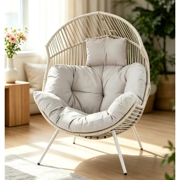 Walsunny Egg Chairs Outdoor Patio Wicker Oversized Egg Shell Lounger Lawn Chair with Cushion for Indoor Outside Porch Balcony Backyard, White Rattan Beige Cushion