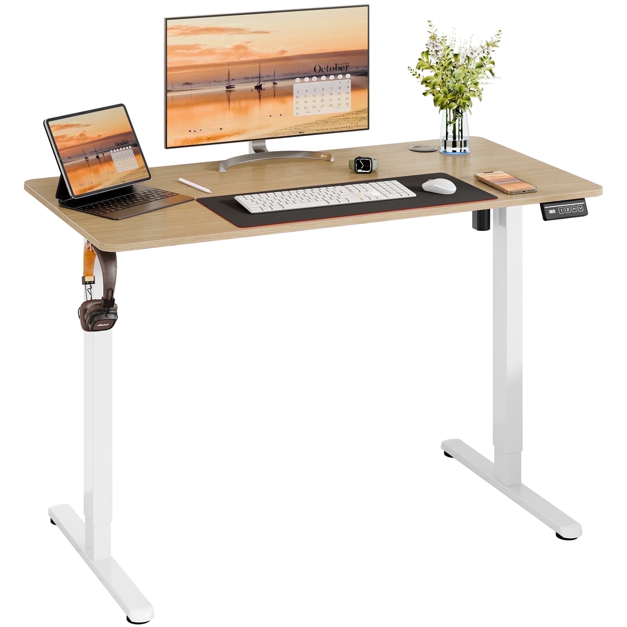 Walsunny Electric Standing Desk, Adjustable Height Gaming Desk, 48 x 24 Inches Ergonomic Stand Desk with Electric Lift, Home Office Desk with White Frame/Walnut Top