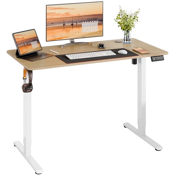 Walsunny Electric Standing Desk, Adjustable Height Gaming Desk, 47.2 x 23.6 Inches Ergonomic Stand Desk with Electric Lift, Home Office Desk with White Frame/Walnut Top