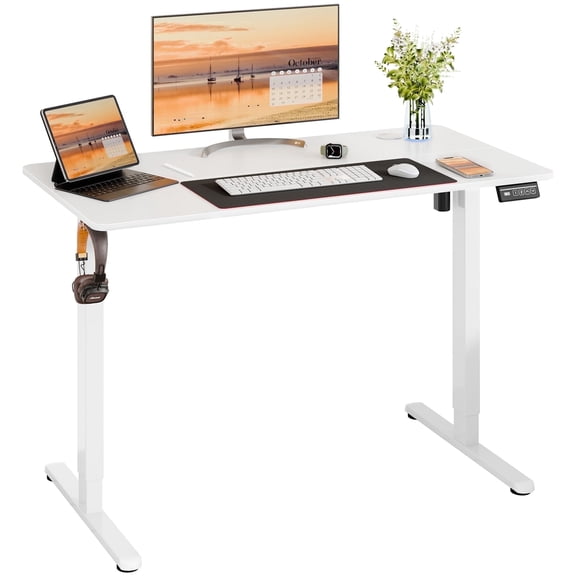 Walsunny Electric Standing Desk, Adjustable Height Gaming Desk, 47.2 x 23.6 Inches Ergonomic Stand Desk with Electric Lift, Home Office Desk with White Frame/White Top