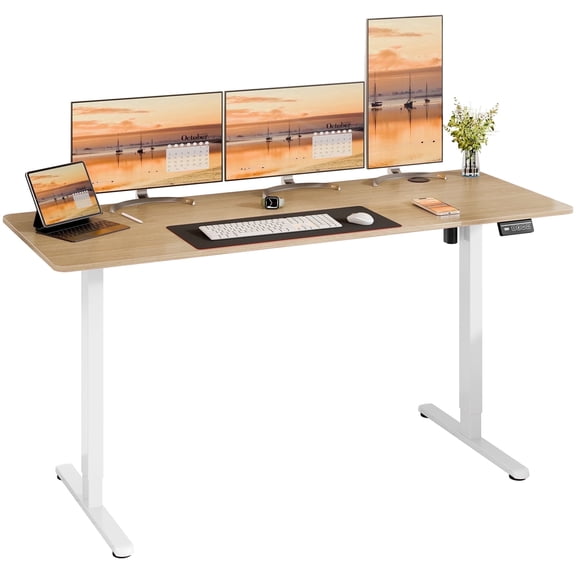 Walsunny Electric Standing Desk, Adjustable Height Gaming Desk, 63 x 24 Inches Ergonomic Stand Desk with Electric Lift, Home Office Desk with White Frame/Walnut Top