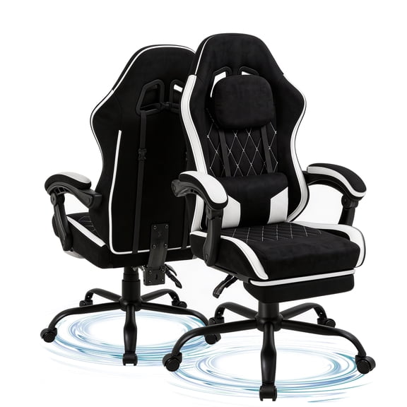 Walsunny Ergonomic Gaming Chair, Gaming Office Chair with Massage Lumbar Support, High Back Breathable Fabric, Adjustable Neck Pillow, Retractable Footrest, Reclining, Black