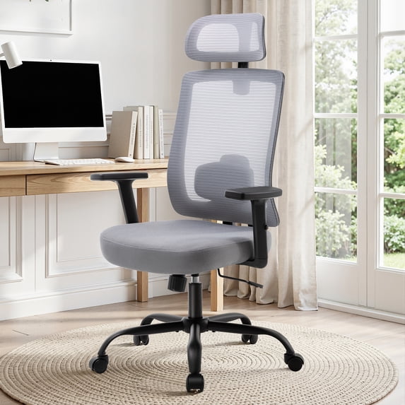 Walsunny Ergonomic Mesh Office Chair with Adjustable Headrest, Breathable High Back Mesh Computer Desk Chair with 360°Swivel Rolling Wheels, suitable for Home Office Workspace, Gray