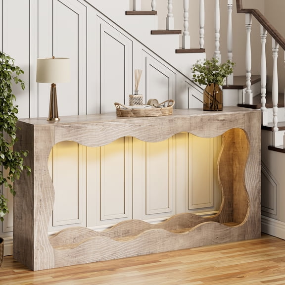 Walsunny Farmhouse Console Table, 63 Inch Scalloped Industrial Wooden Storage Entryway Accent Table, Wavy Console Table for Living room, Ivory White