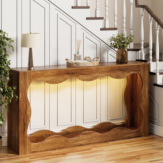Walsunny Farmhouse Console Table, 63 Inch Scalloped Industrial Wooden Storage Entryway Accent Table, Wavy Console Table for Living room, Rustic Brown