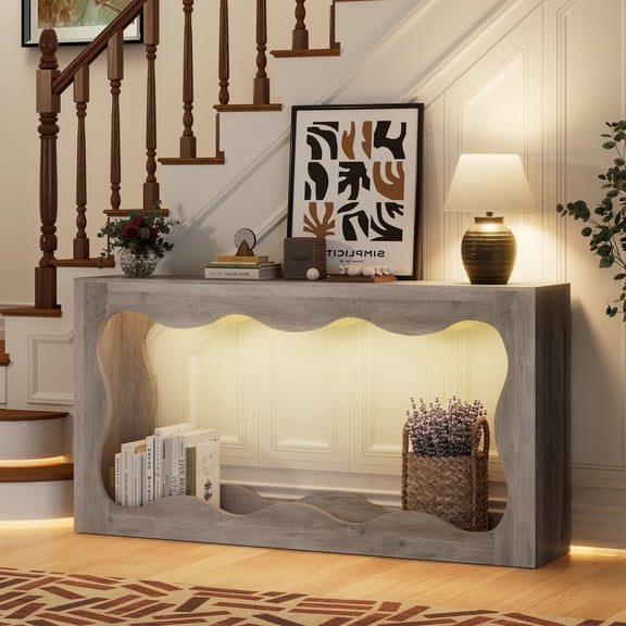 Walsunny Farmhouse Console Table, Solid Wood Scalloped Console Table, Wavy Edge Entryway Table with Storage & Lights, Sofa Side Table for Foyer Home Decor