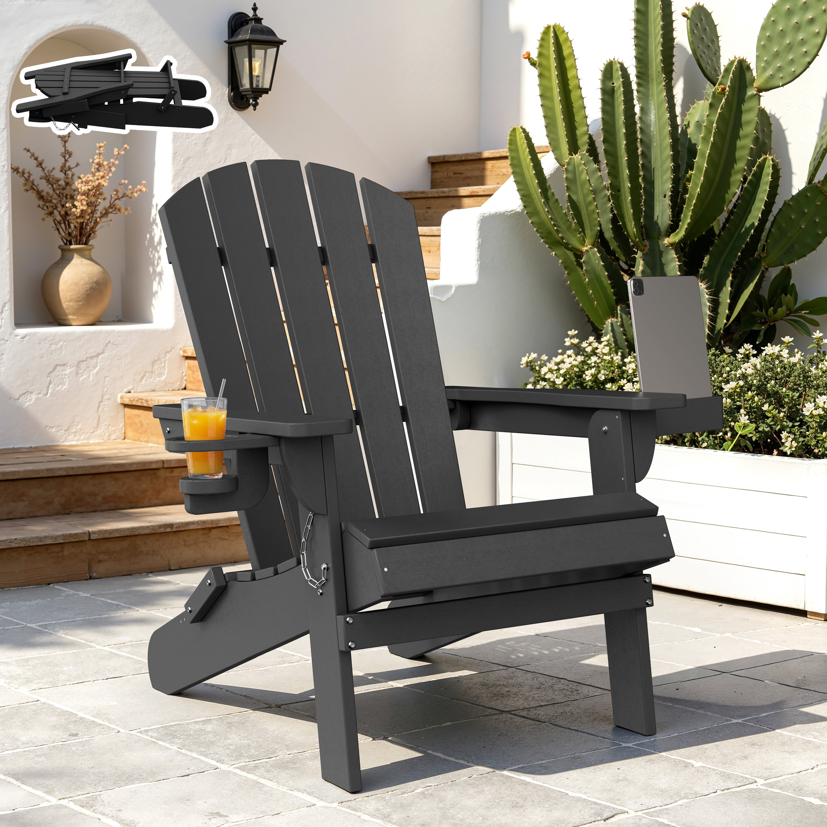 Walsunny Folding HDPE Adirondack Chair,All-Weather Outdoor Fir Pit Chairs with Cup and Phone Holder for Outdoor Patio Garden Backyard,Black