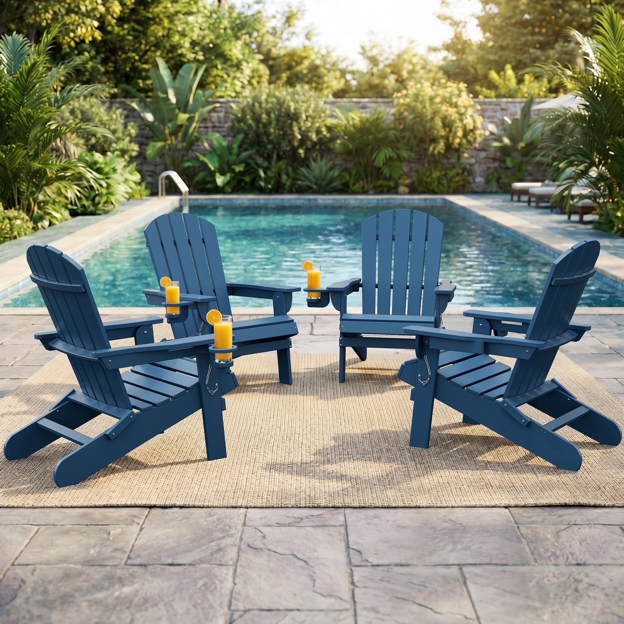 Walsunny Folding HDPE Adirondack Chair Set of 4,All-Weather Outdoor Fir Pit Chairs with Cup and Phone Holder for Outdoor Patio Garden Backyard,Blue
