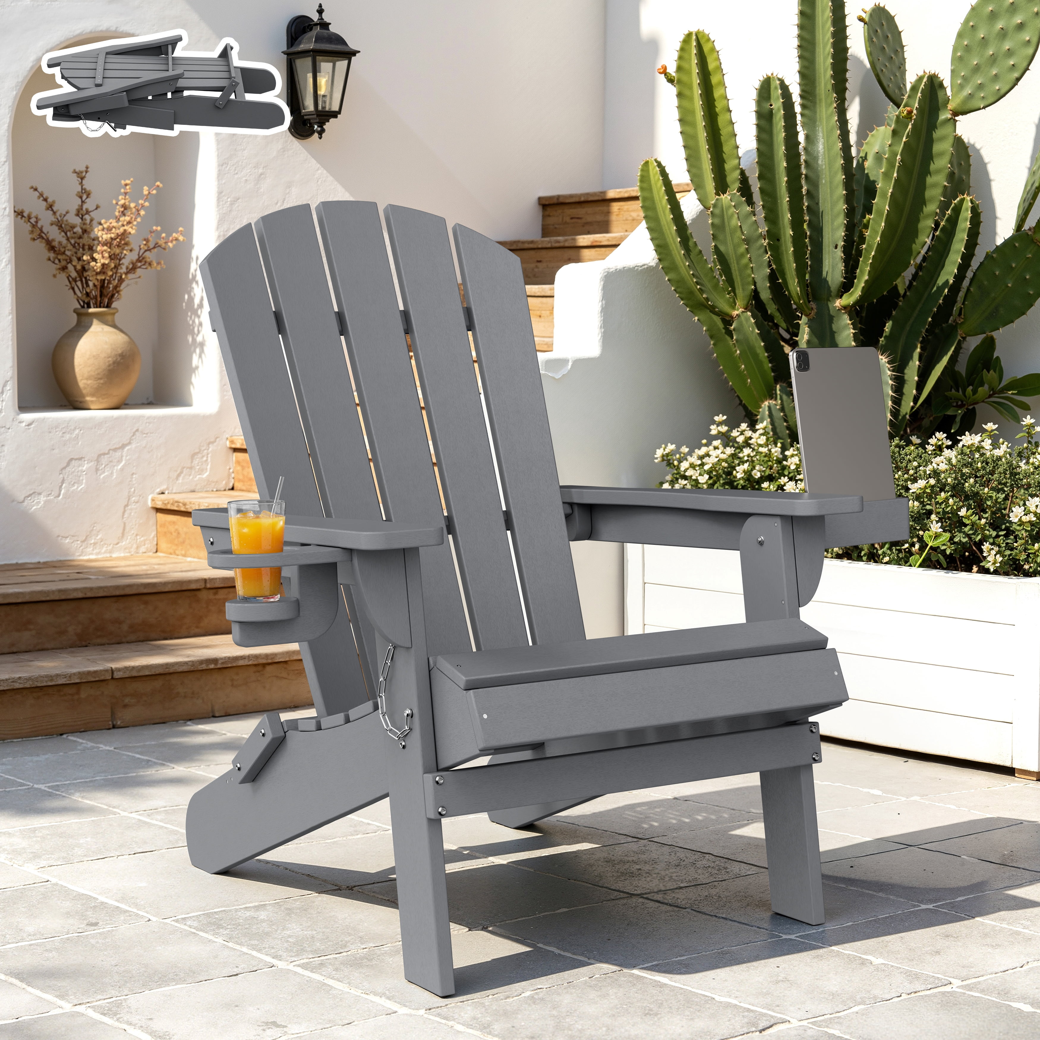 Walsunny Folding HDPE Adirondack Chair,All-Weather Outdoor Fir Pit Chairs with Cup and Phone Holder for Outdoor Patio Garden Backyard,Gray