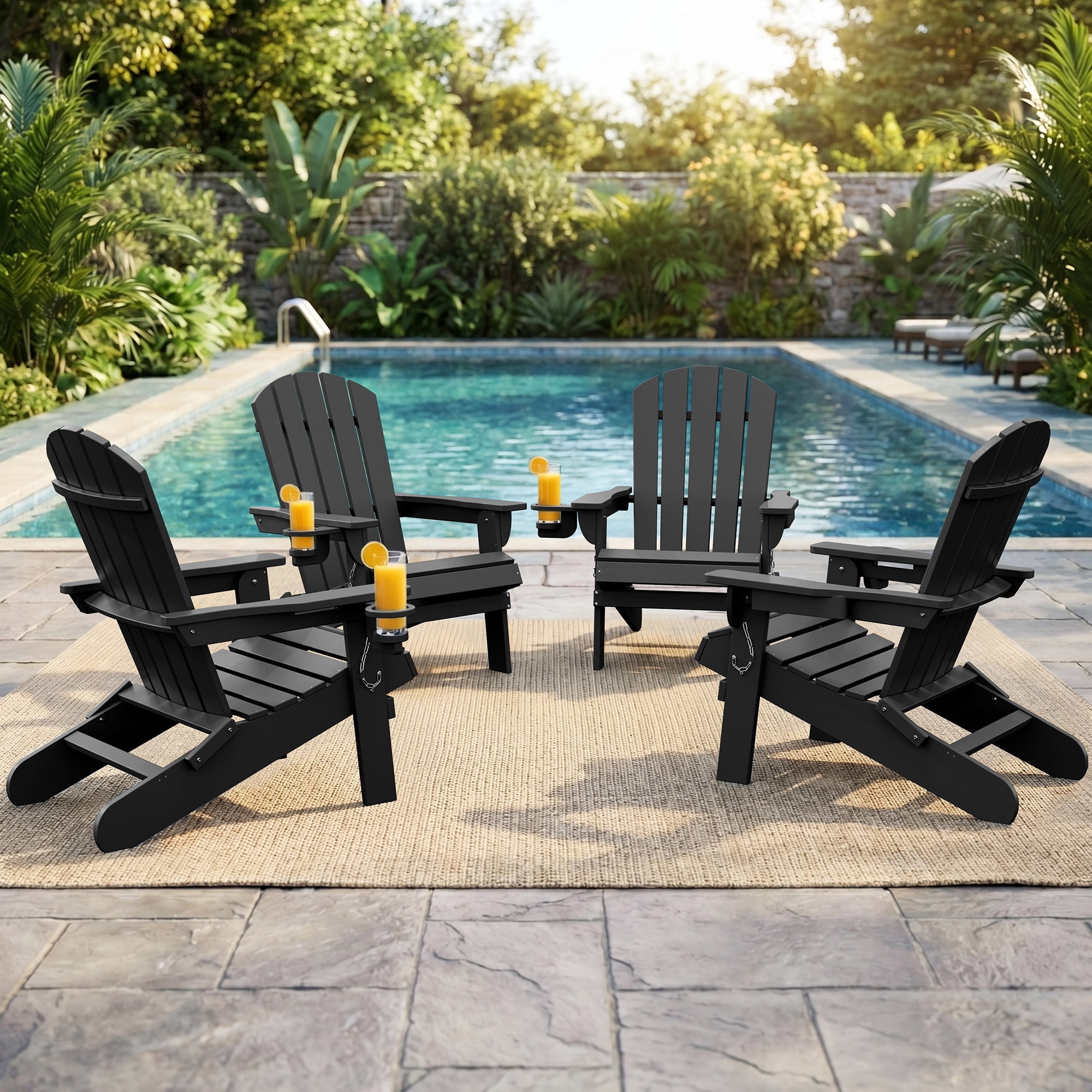 Walsunny Folding HDPE Adirondack Chair Set of 4,All-Weather Outdoor Fir Pit Chairs with Cup and Phone Holder for Outdoor Patio Garden Backyard,Black