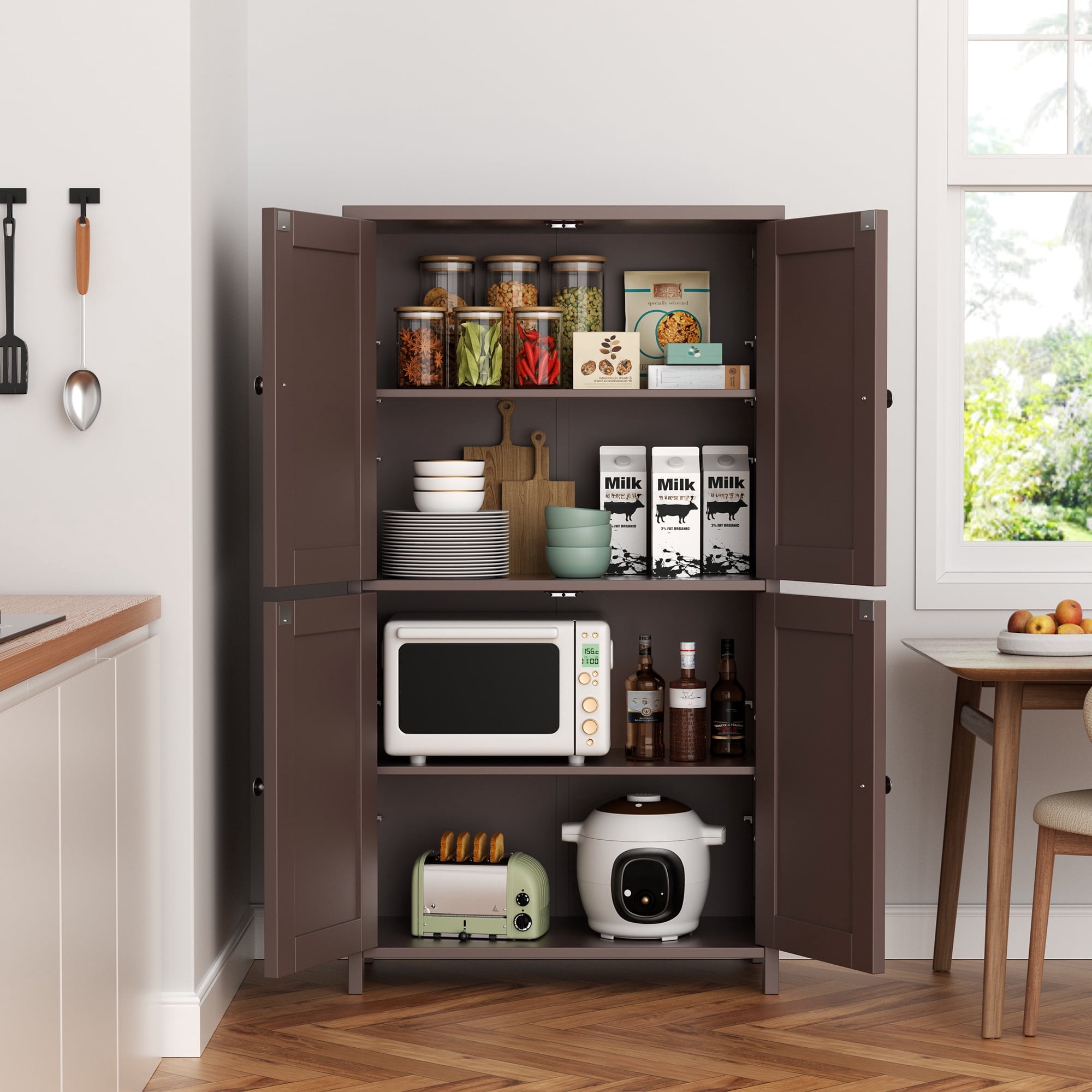 Walsunny Freestanding Bathroom Floor Storage Adjustable Shelf with 4 Doors 43" Wooden Pantry Cabinet for Kitchen Small Spaces，Brown