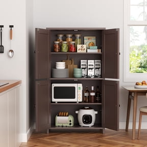 Walsunny Freestanding Bathroom Floor Storage Adjustable Shelf with 4 Doors 43" Wooden Pantry Cabinet for Kitchen Small Spaces,Brown