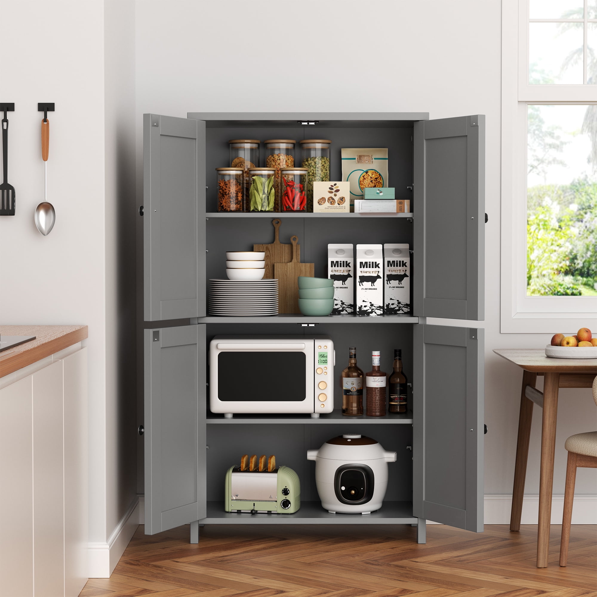 Walsunny Freestanding Bathroom Floor Storage Adjustable Shelf with 4 Doors 43" Wooden Pantry Cabinet for Kitchen Small Spaces，Gray