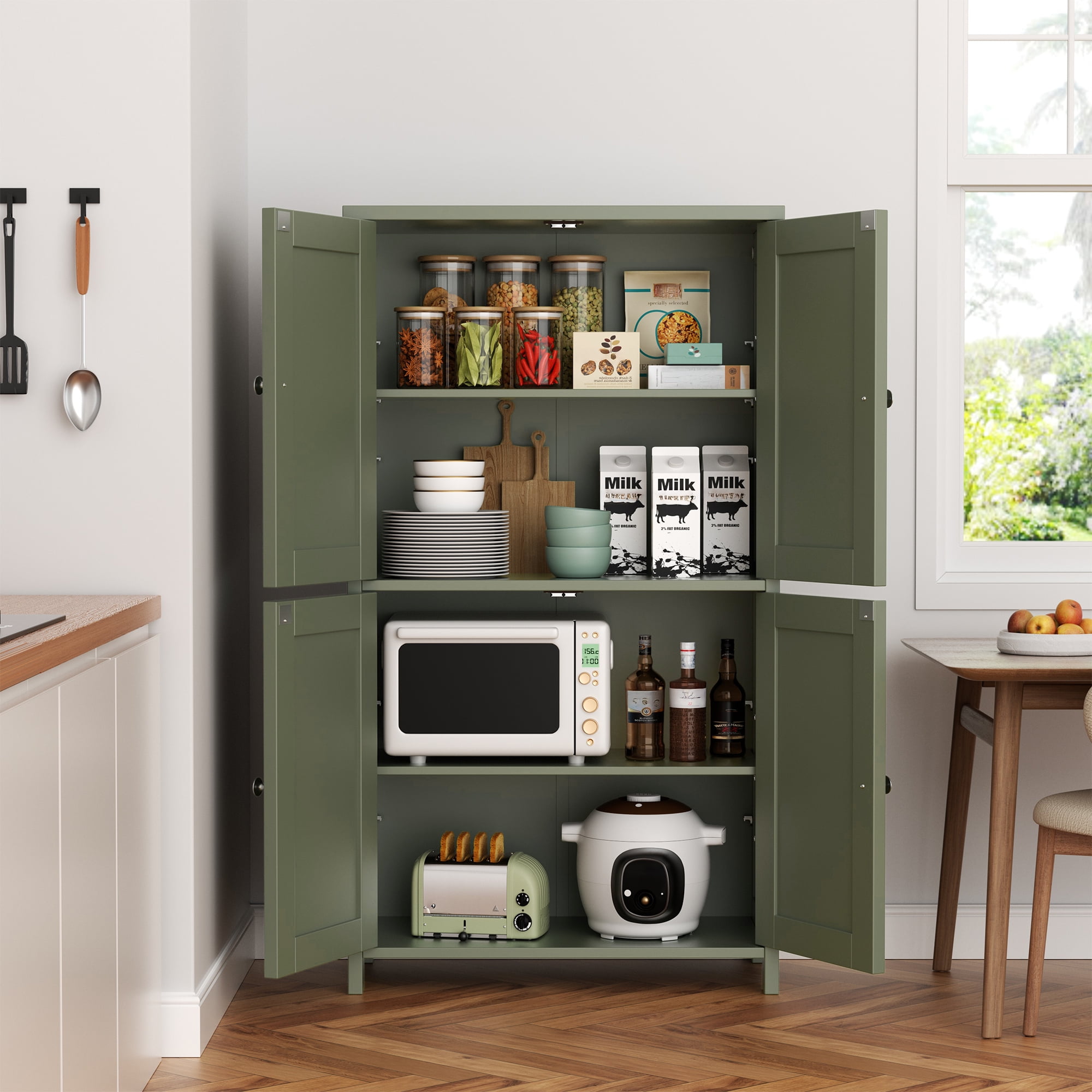 Walsunny Freestanding Bathroom Floor Storage Adjustable Shelf with 4 Doors 43" Wooden Pantry Cabinet for Kitchen Small Spaces,Green