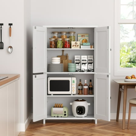 Walsunny Freestanding Bathroom Floor Storage Adjustable Shelf with 4 Doors 43" Wooden Pantry Cabinet for Kitchen Small Spaces，White