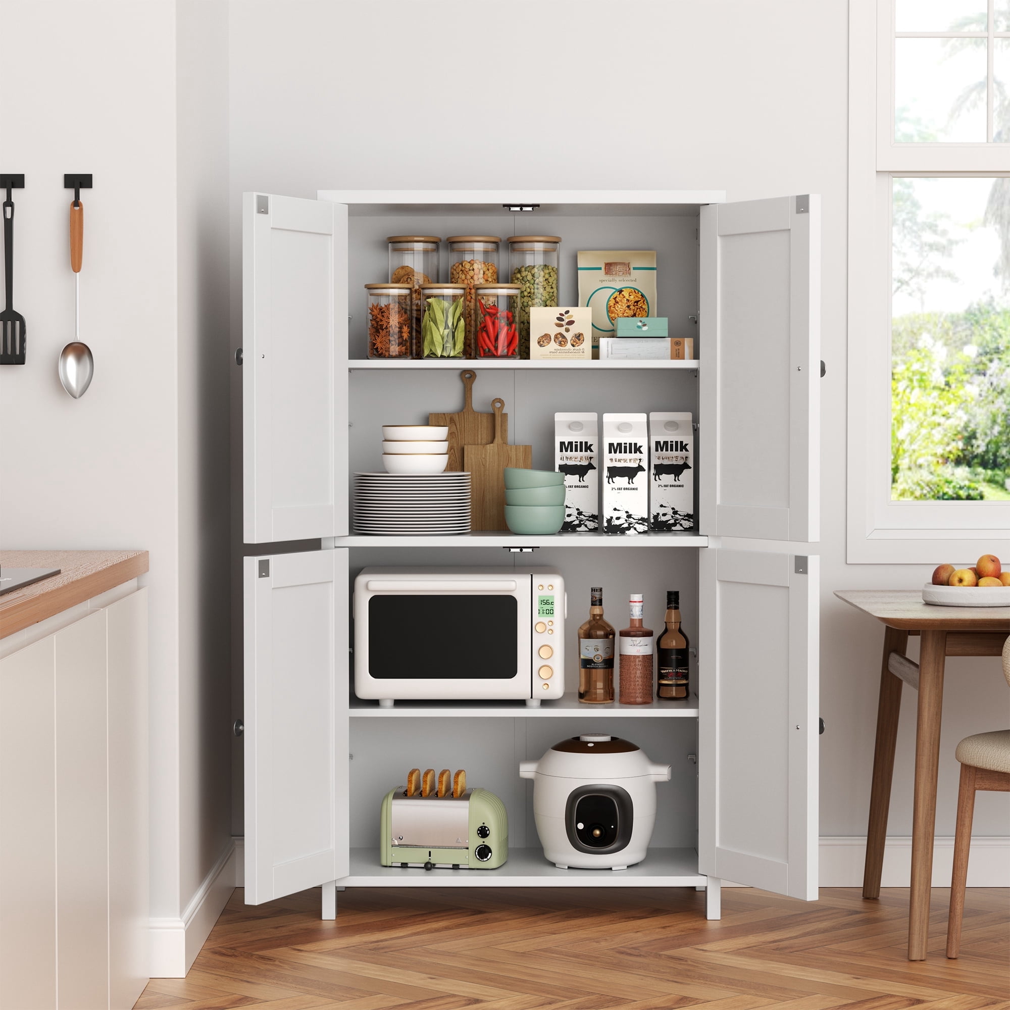 Walsunny Freestanding Bathroom Floor Storage Adjustable Shelf with 4 Doors 43" Wooden Pantry Cabinet for Kitchen Small Spaces，White