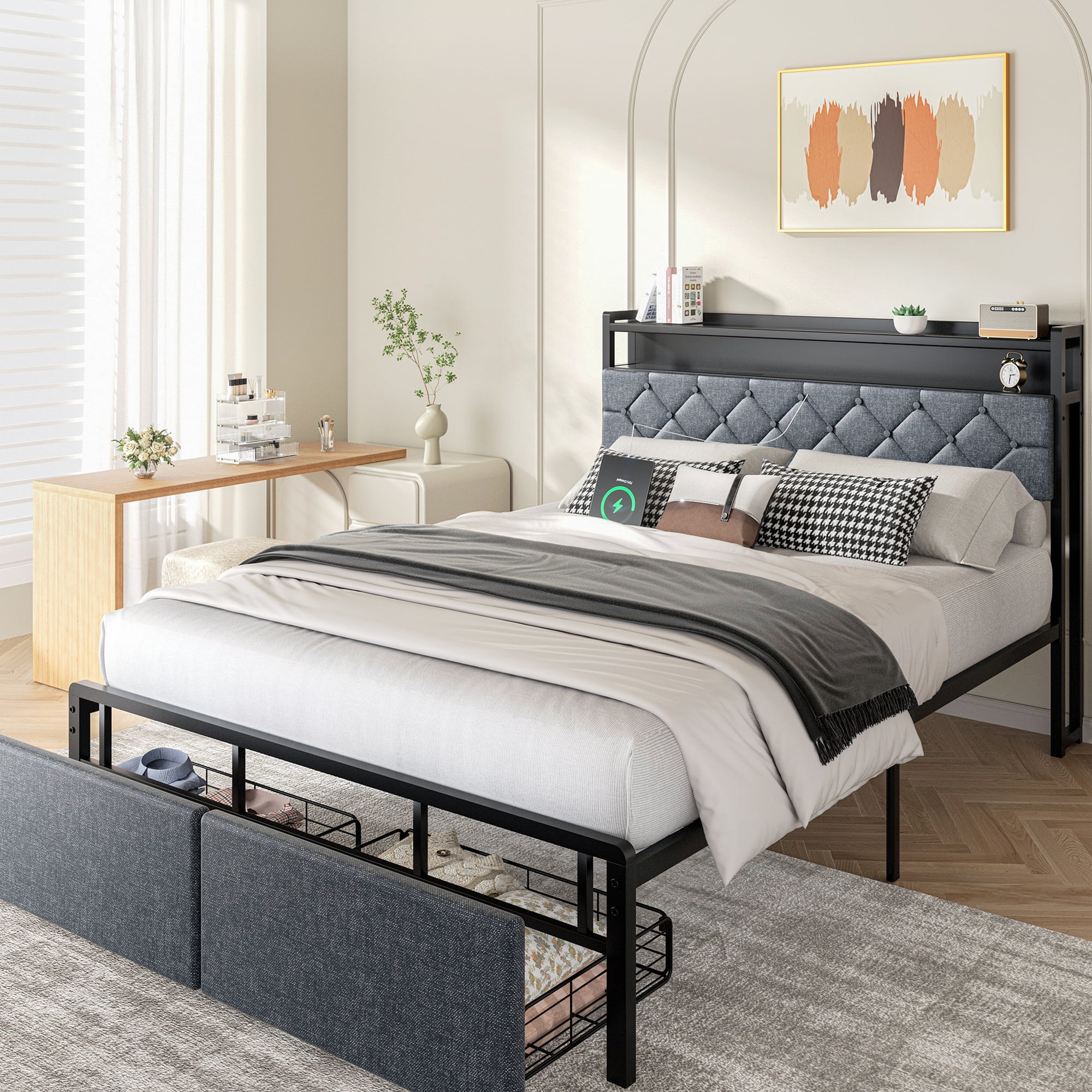 Walsunny Full Bed Frame with Led Light and 2 Drawers, Metal Platform