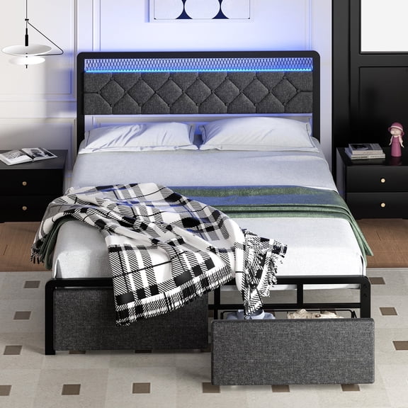 Walsunny Full Bed Frame with Led Light and 2 Drawers Metal Platform Bed with Button Tufted Headboard Strong Metal Slats