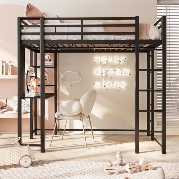 Walsunny Loft Bed Full Metal Bunk Bed with Desk Guardrail Secured Ladder for Adults Girls Boys Bedroom Loft Dormitory,Black