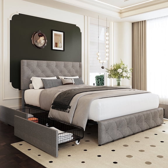 Walsunny Full Size Bed Frame with 4 Storage Drawee, Platform Bed with Upholstered Button Tufted Headboard, Solid Wood Slats Support