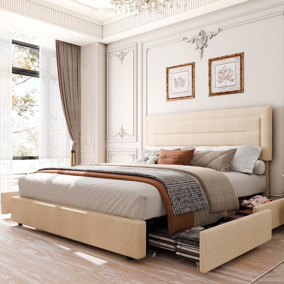 Walsunny Full Size Bed Frame with 4 Storage Drawee, Platform Bed with Upholstered Modern Geometric Lines Headboard, Solid Wood Slats Support