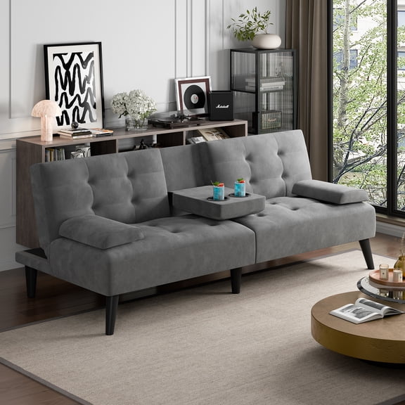 Walsunny Futon Sofa Bed with Hidden Cup Holders, Modern Convertible Folding Futon Couch with 3-Angle Adjustment for Living Room, Small Space, Dark Gray