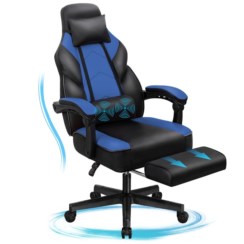 Walsunny Ergonomic Gaming Chair with Adjustable Footrest and Massage Leather Game Chair large gaming chair with Headrest and Lumbar Support for Adults, Blue