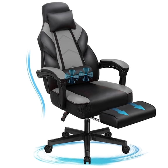 Walsunny Ergonomic Gaming Chair with Adjustable Footrest and Massage Leather Game Chair large gaming chair with Headrest and Lumbar Support for Adults, Gray