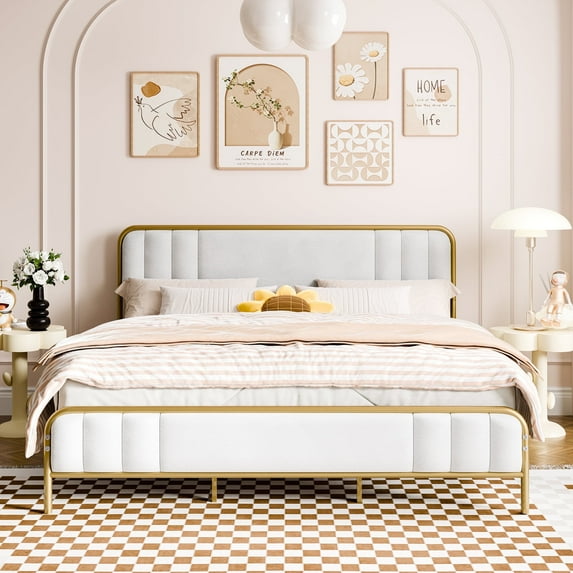 Walsunny Gold King Size Bed Frame with Velvet Fabric Headboard, Metal Platform Bed with 14" Storage Space, Solid Metal Slats Support