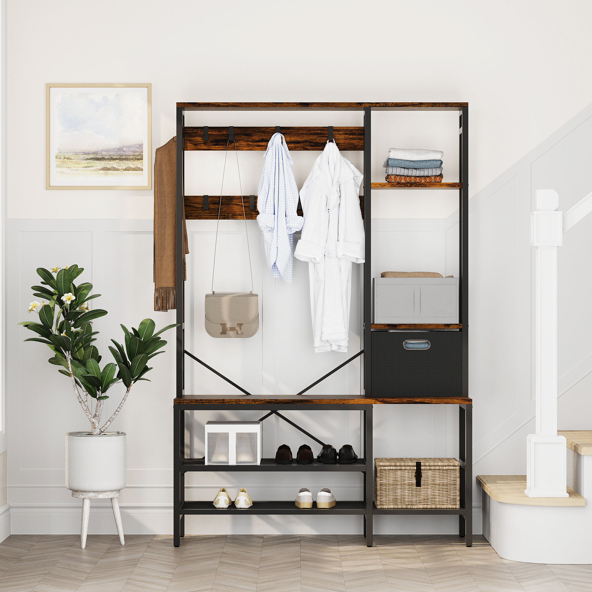 Ameriwood Home Charli Storage Bench and Coat Rack, Blonde Oak