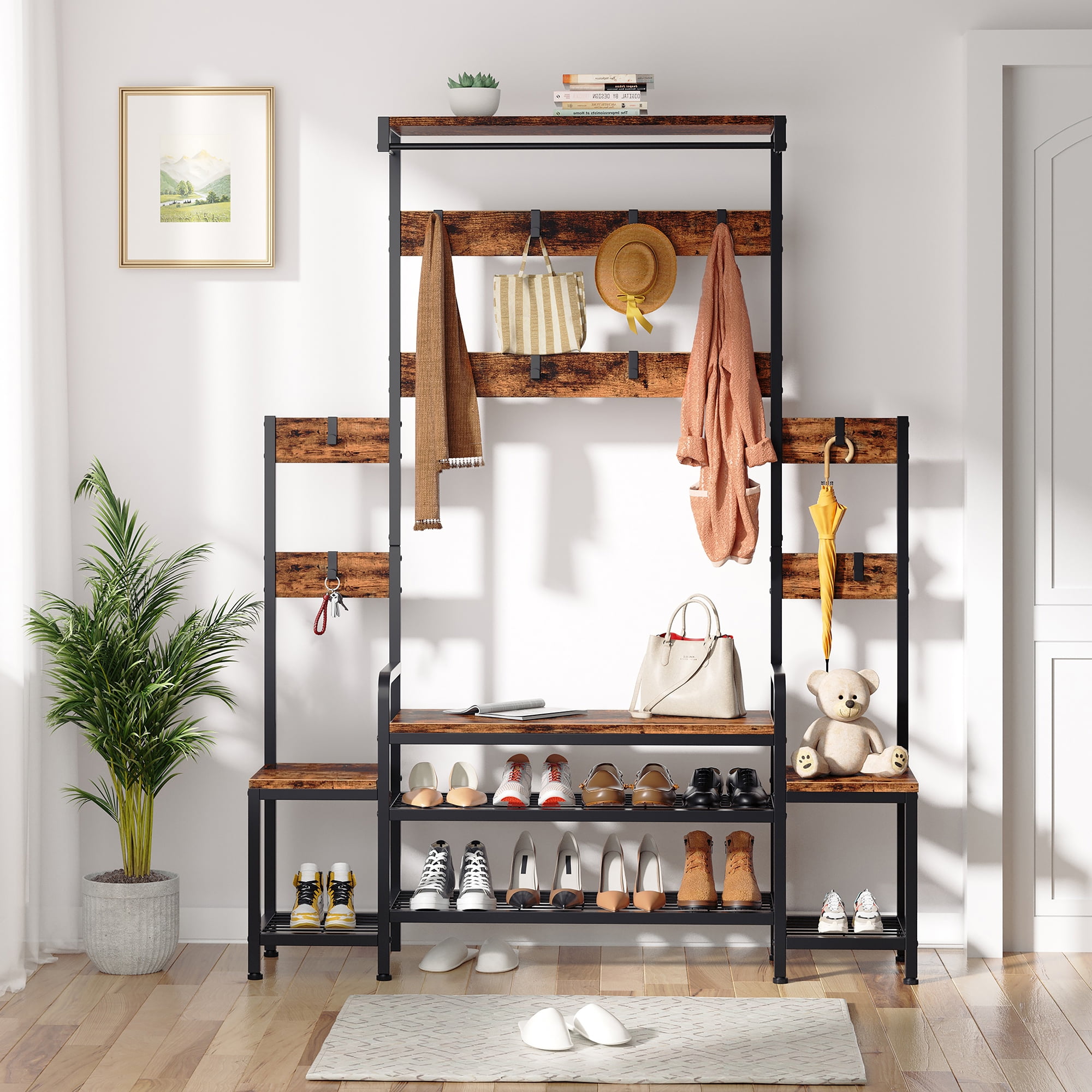 Walsunny Hall Tree Coat Rack with Bench 56'' Entryway with Shoe Storage