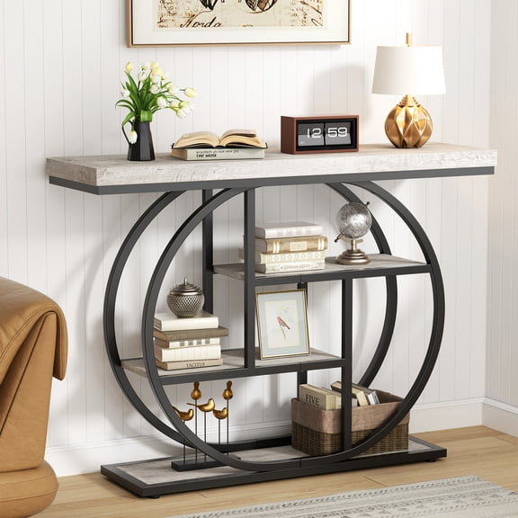 Walsunny Industrial 4-Tier Console Table, Entryway End Table with Circular Metal Frame, Narrow Side Table with Storage Shelves for Living Room, Gray