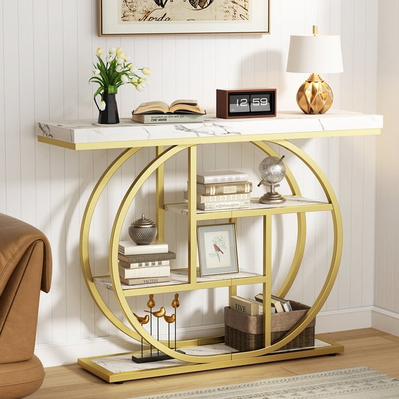 Walsunny Industrial 4-Tier Console Table, Entryway End Table with Circular Metal Frame, Narrow Side Table with Storage Shelves for Living Room, White