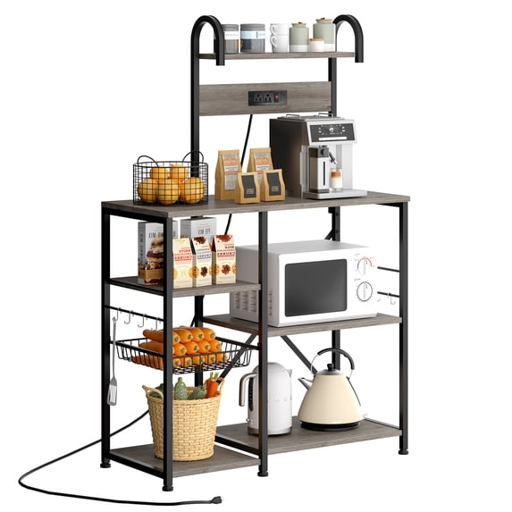 Walsunny Kitchen Bakers Rack with Power Outlet,Industrial Kitchen Island Storage Shelf with 6 Hooks 6 Tier Rack